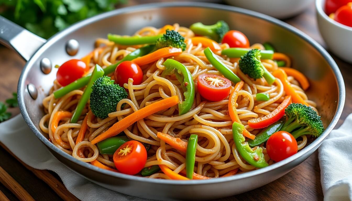 Découvrez une recette saine et savoureuse de nouilles de konjac sautées aux légumes, idéale pour un repas léger et gourmand.